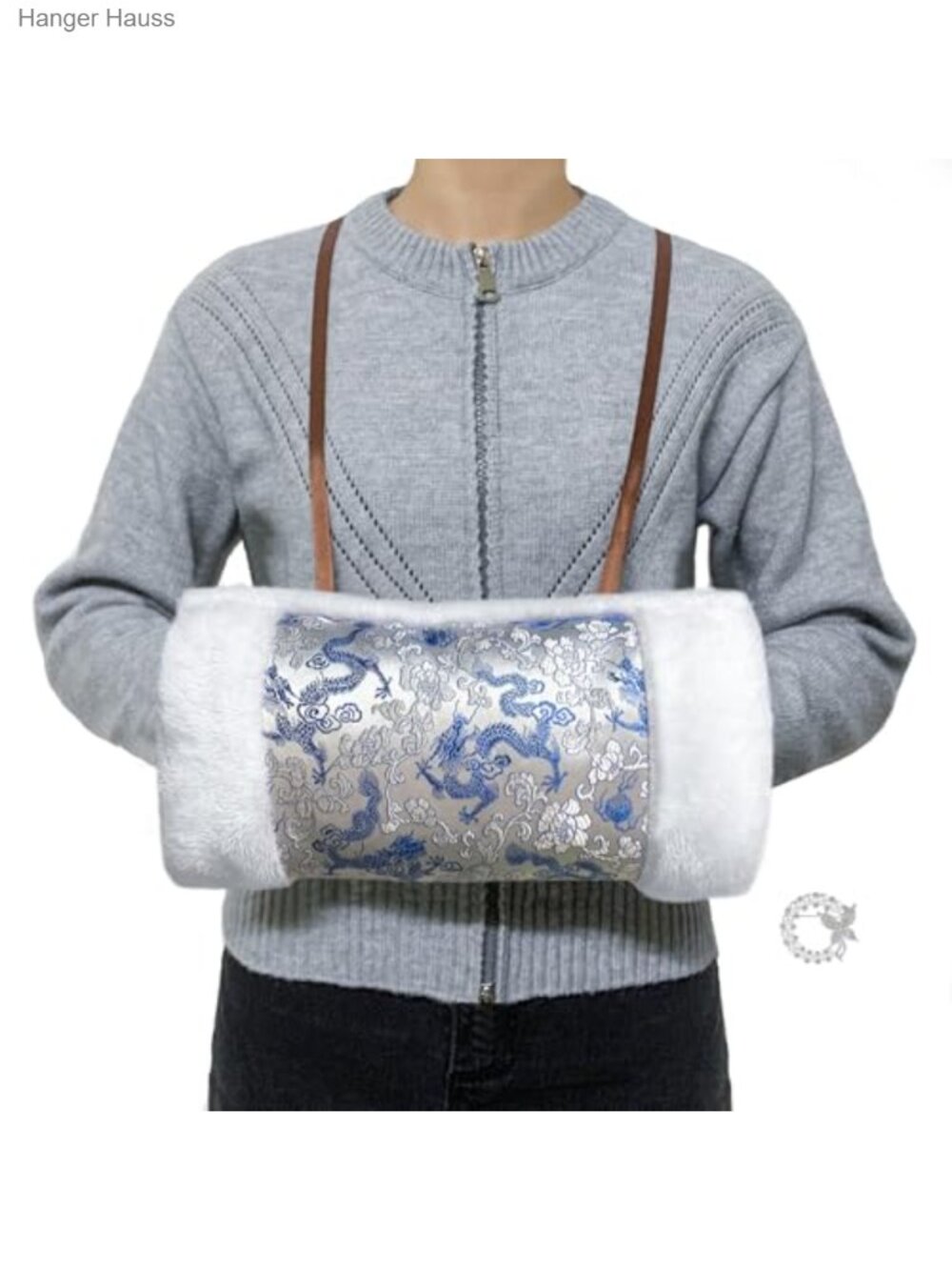Faux Fur Silk Floral Hand Muff Warmer Pouch with Neck Cord Winter